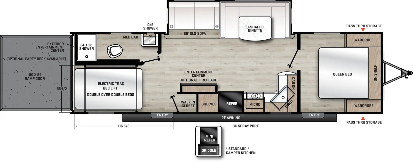 The 27ATH has one slideout and two entries. Exterior features front pass through storage, outside shower, 21 foot awning, rear ramp door with optional party deck, and standard camp kitchen. Interior layout front to back: queen bed with overhead shelf, wardrobes on each side, and entry door; off-door side slideout with u-shape dinette and sofa; kitchen counter wraps from inner wall to door side with sink, overhead cabinet, microwave, cooktop, refrigerator, entertainment center with optional fireplace, and walk-in closet and shelves behind; rear off-door side full bathroom with medicine cabinet; rear door side electric trac bed lift double over double beds and second entry door. Garage dimensions: 90x84 ramp door, 55 1/2 inches from door side wall to bathroom wall, 116 5/8 inches from rear to walk-in closet.